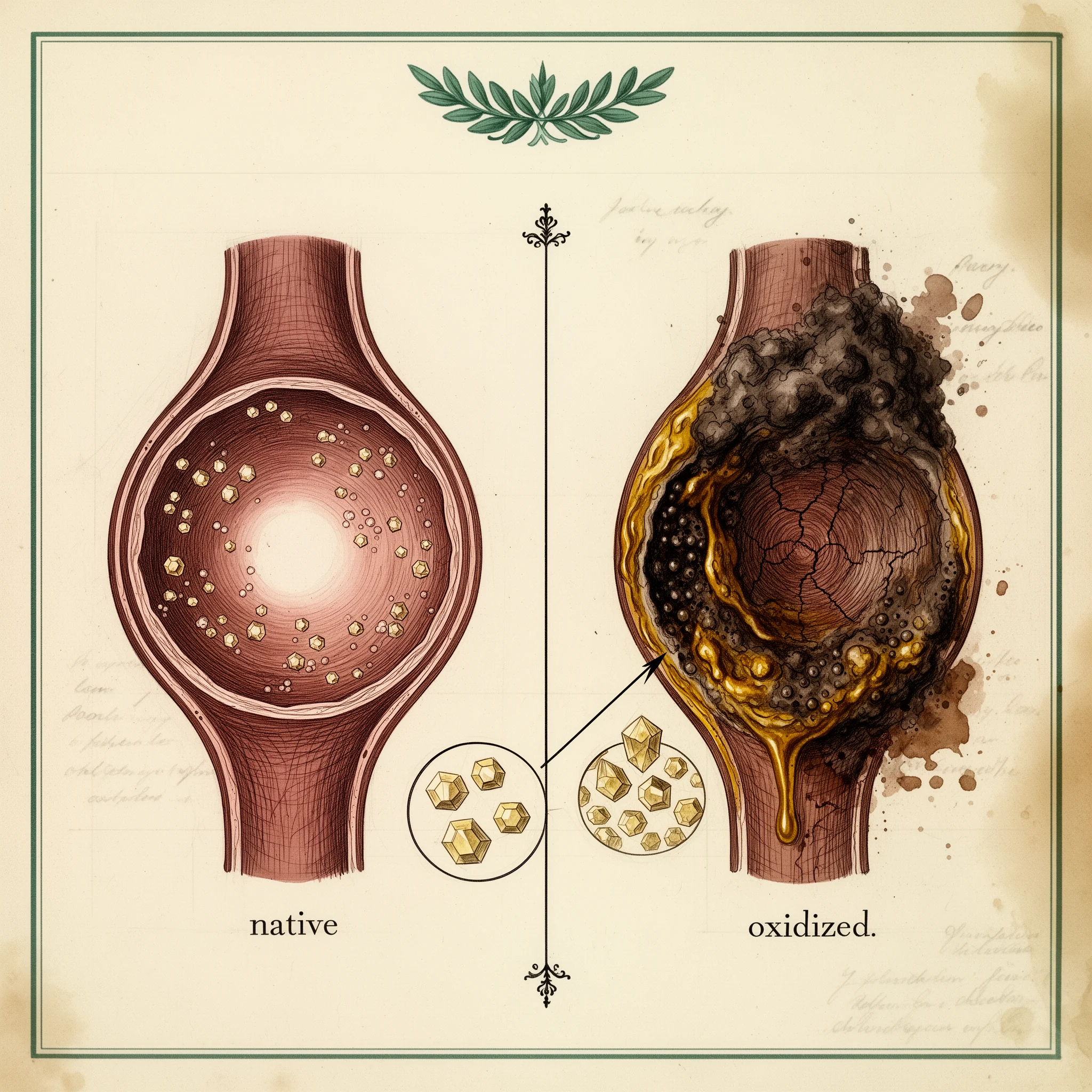 Colesterol nativ vs colesterol oxidat — placă anatomică vintage