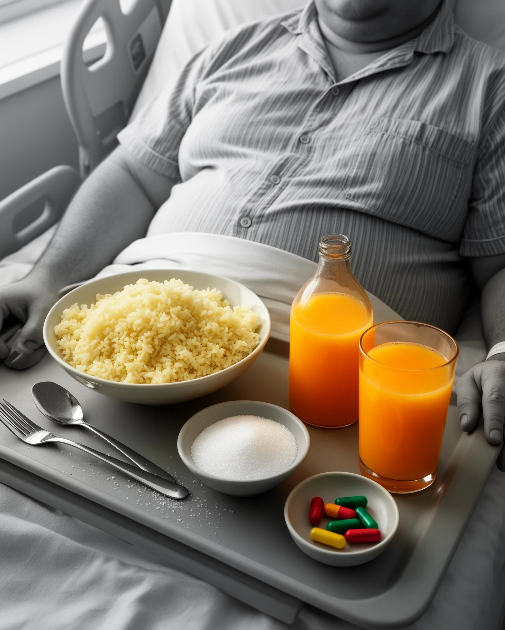 Tavă de spital cu orez, un bol de zahăr, suc de portocale și capsule de vitamine, singurele obiecte colorate din salon