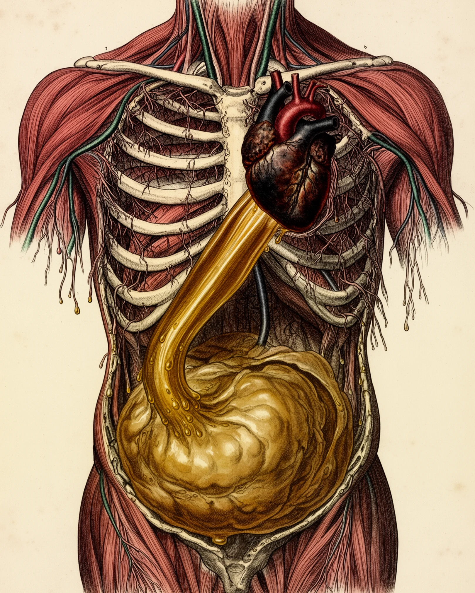 Gravură anatomică: rezerva de grăsime din abdomen se golește într-un șuvoi de ulei auriu care urcă spre inima pătată de închis, iar mușchii din jurul coastelor se destramă în fibre rupte