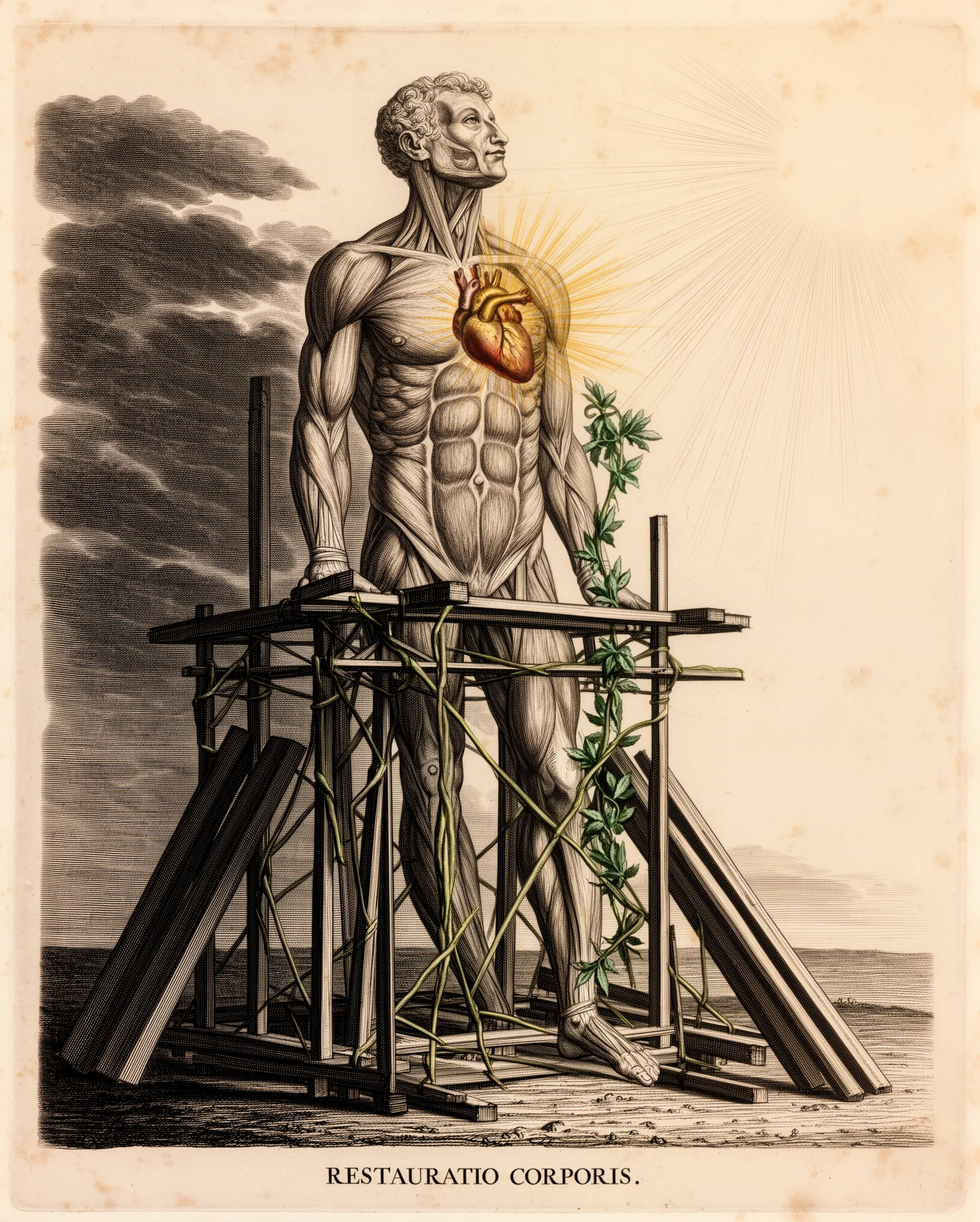 Corp uman ca structură în restaurare, sprijinit de schele de lemn, cu inima aurită și raze de soare; planșă anatomică vintage
