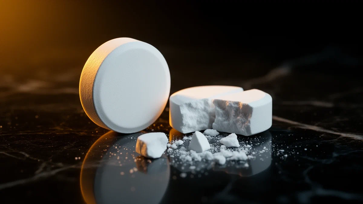 Tablete albe de aspirină, una sfărâmată, pe o placă de marmură neagră, ilustrație pentru aspirina folosită contra diabetului