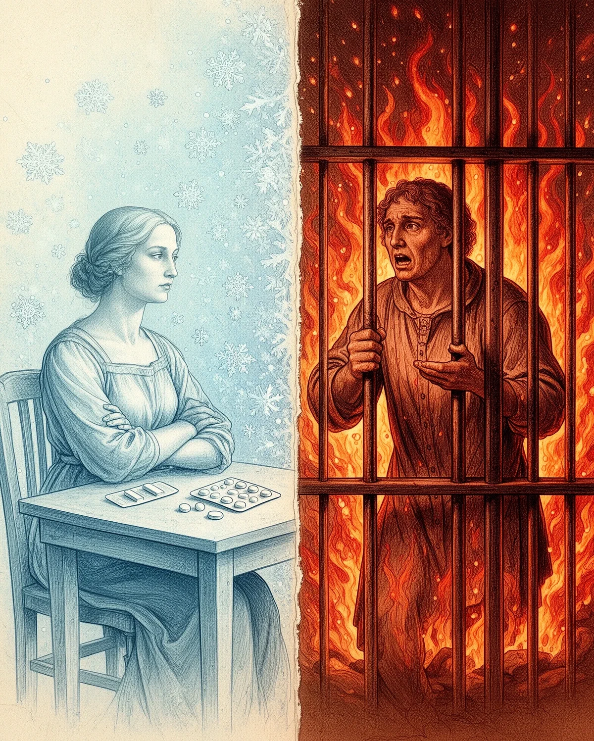 Femeie rece cu brațele încrucișate lângă blistere și un om închis între gratii de flăcări, ilustrație pentru benzodiazepine