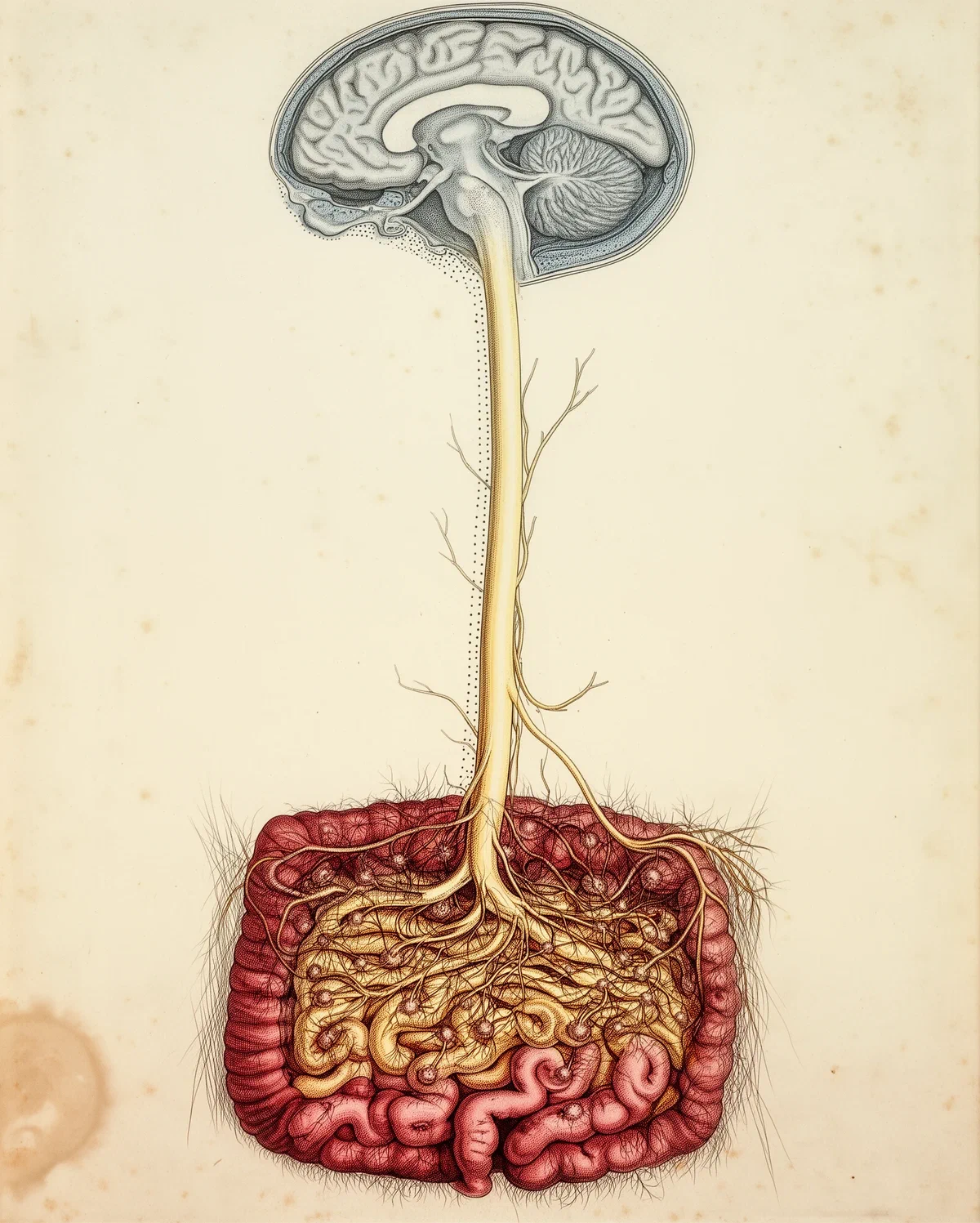 Creier legat printr-un nerv lung de intestine care arată ca o rădăcină, ilustrație pentru boala Parkinson și intestin