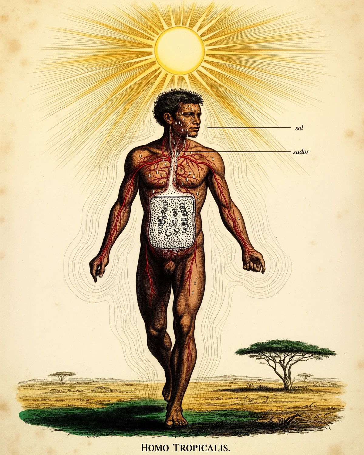 Bărbat desenat anatomic care merge prin savană sub un soare arzător, ilustrație pentru toleranța la caniculă și metabolism