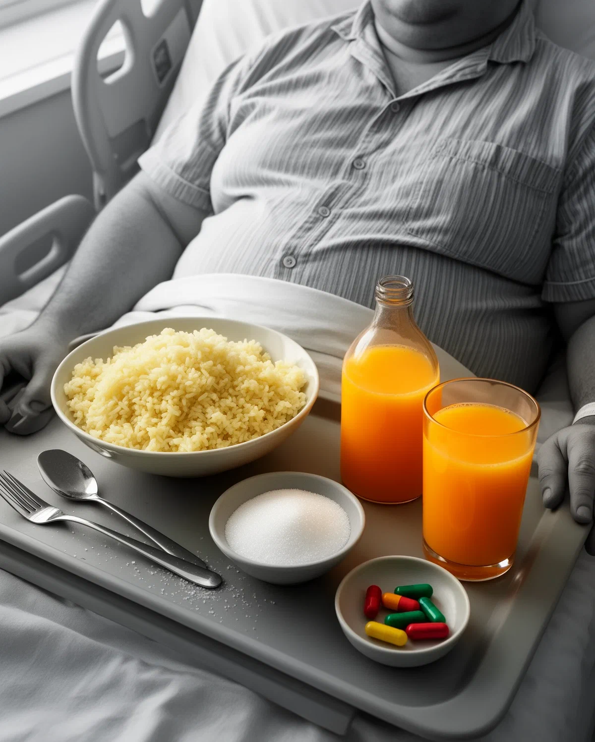 Tavă de spital cu orez, suc de portocale, un bol de zahăr și pastile colorate, ilustrație pentru diabeticii fără insulină