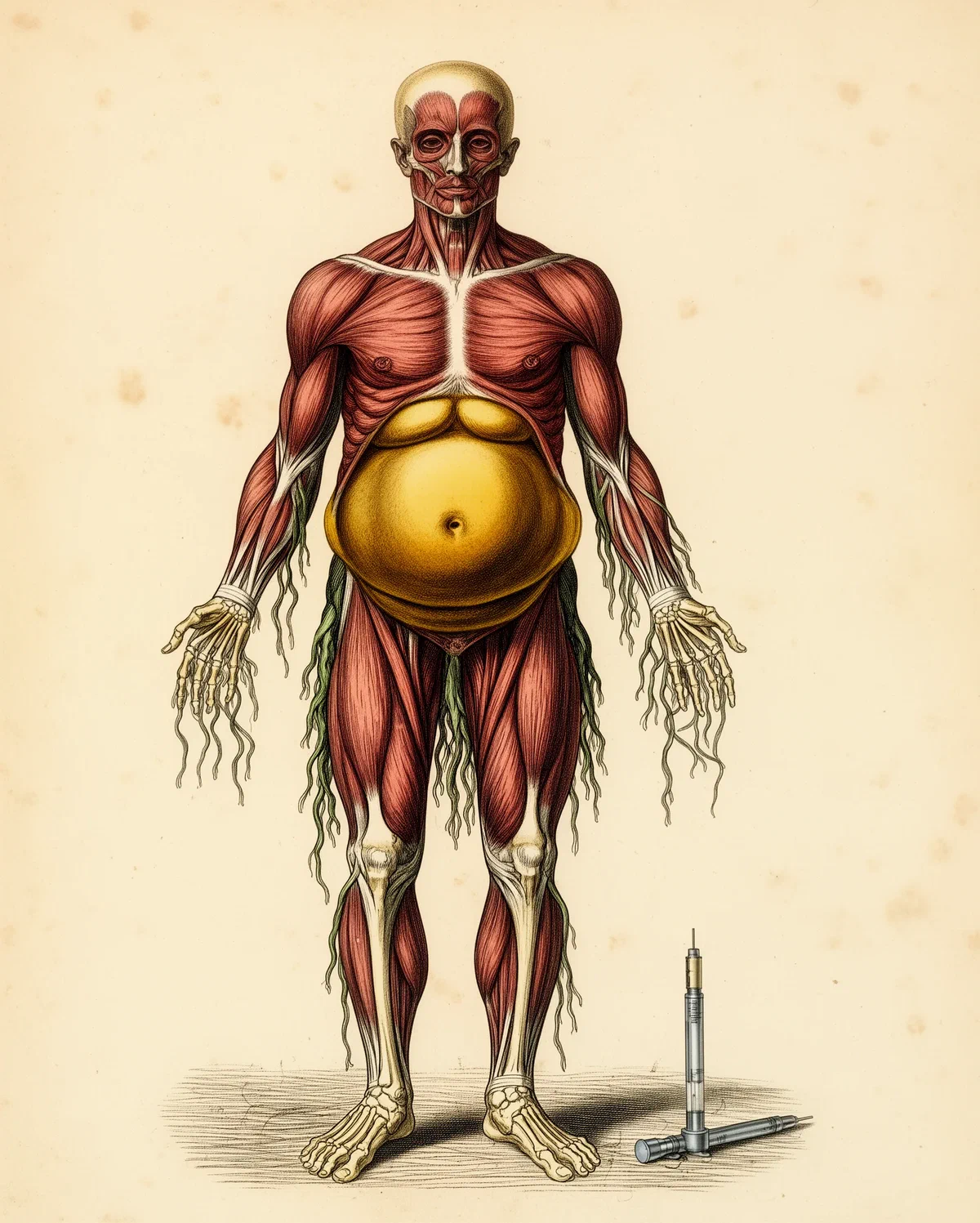 Planșă anatomică în stil vechi, cu o figură umană a cărei grăsime abdominală rămâne intactă, în timp ce mușchii se destramă până la os, iar alături stă un stilou de injectare