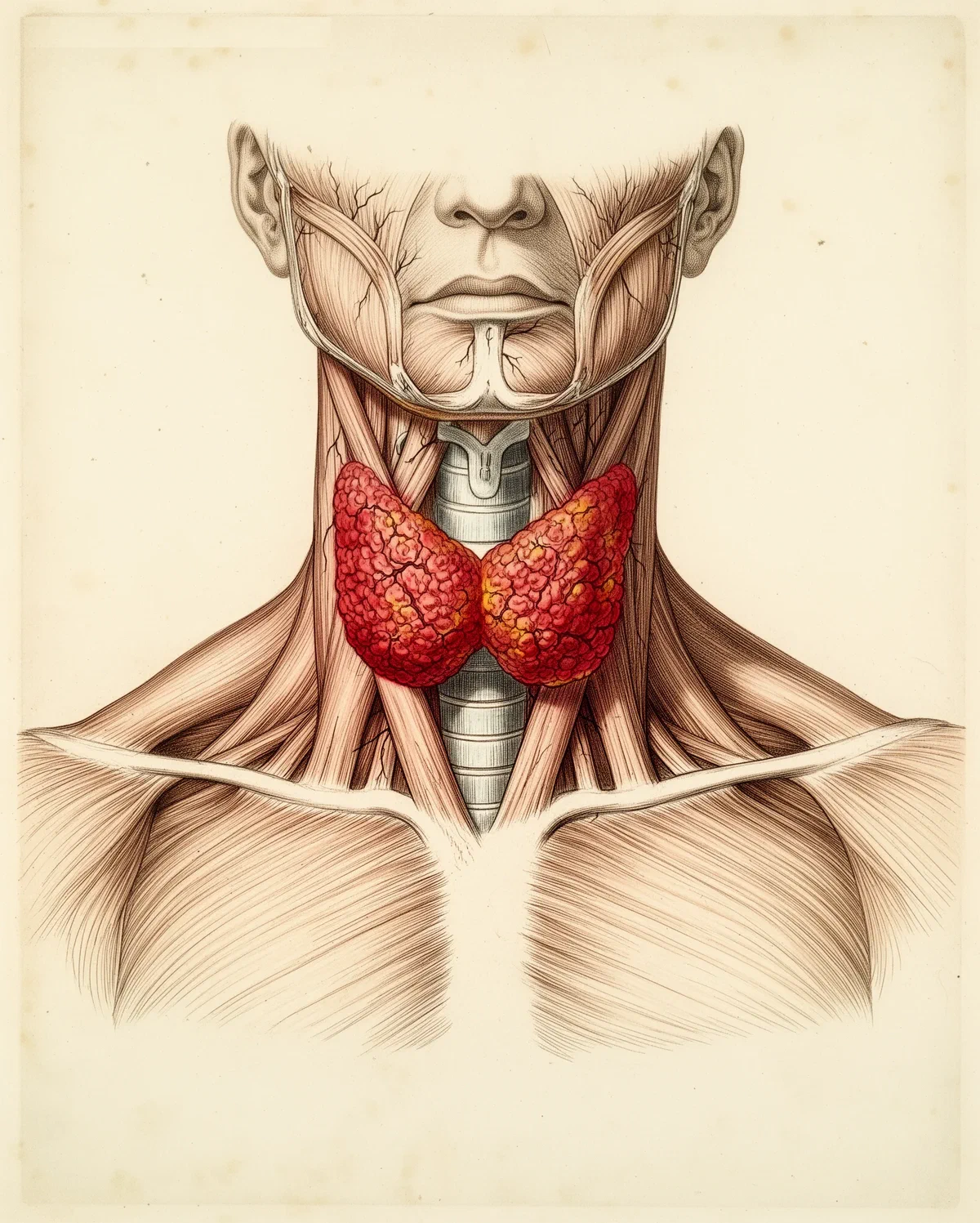 Gât desenat anatomic cu tiroida roșie și umflată de inflamație, ilustrație pentru Hashimoto și hipotiroidismul vechi