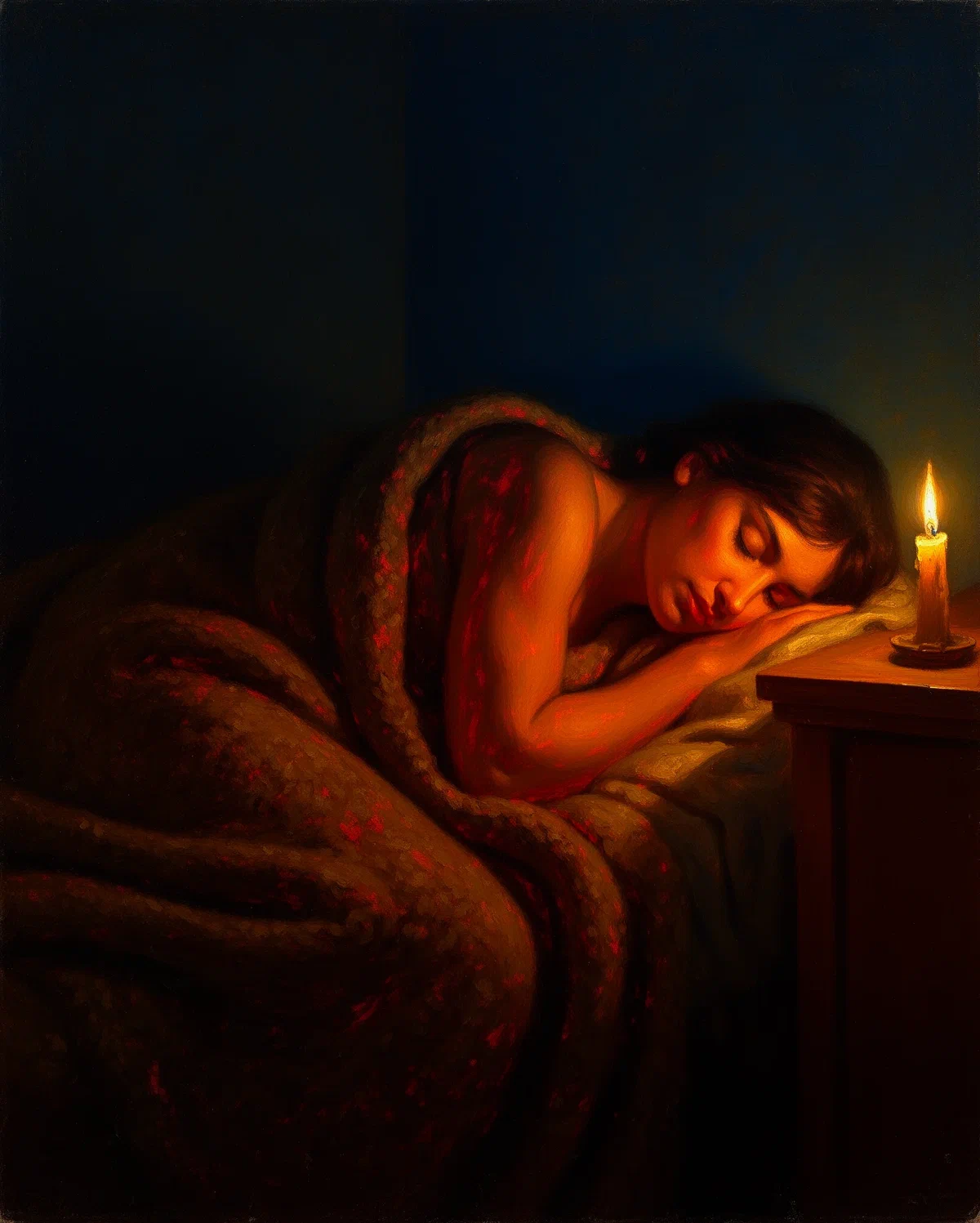Femeie adormită sub o pătură groasă la lumina unei lumânări, ilustrație pentru somnul care are nevoie de energie