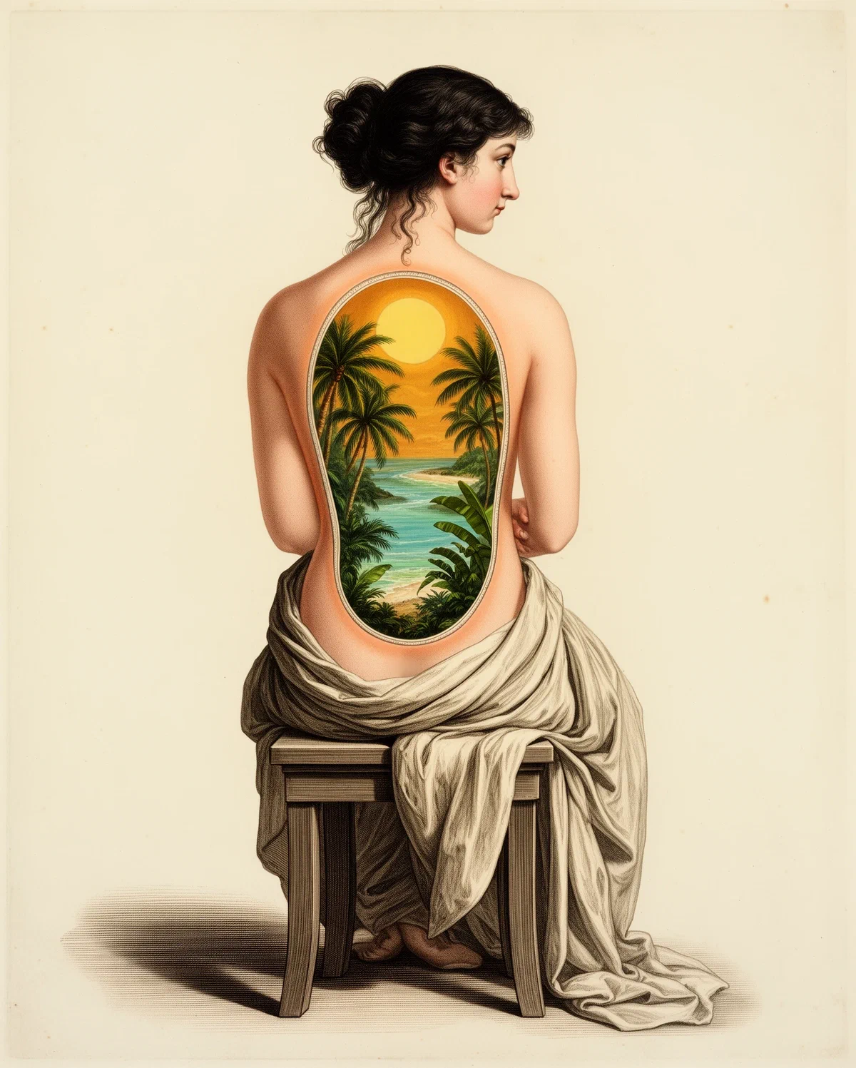 Femeie cu spatele gol pe care e pictat un apus tropical cu palmieri, ilustrație pentru organismele calde și grăsimea saturată