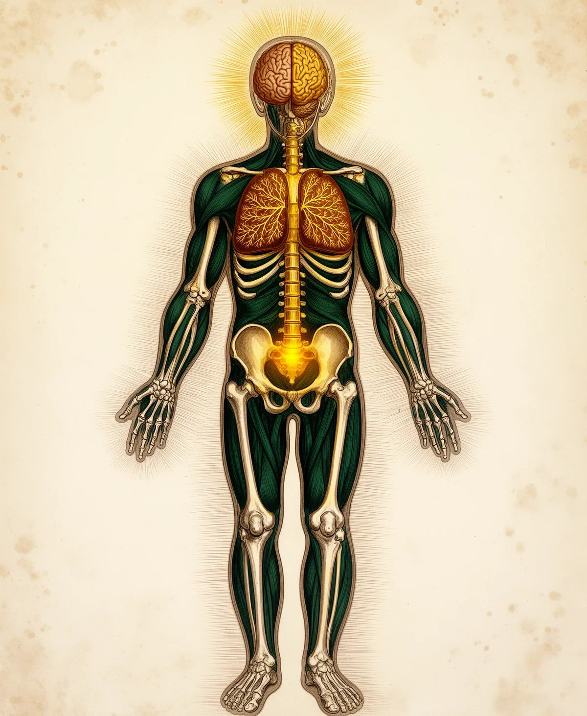 Planșă anatomică colorată manual, în stilul atlaselor din secolul al XIX-lea, cu o figură umană în picioare prin care o lumină aurie urcă din bazin de-a lungul coloanei spre plămâni și creier