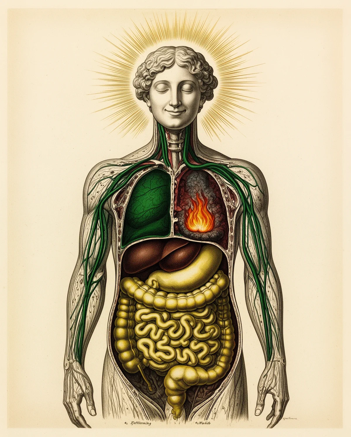 Figură anatomică zâmbitoare cu aureolă, un foc în piept și intestine galbene, ilustrație pentru serotonină și îngrășare