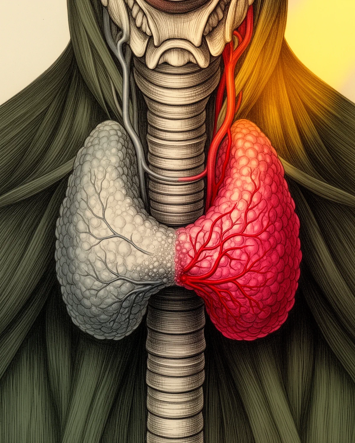 Tiroidă în secțiune anatomică, un lob cenușiu în repaus și celălalt irigat și activ, ilustrație pentru tiroida după oprirea hormonilor