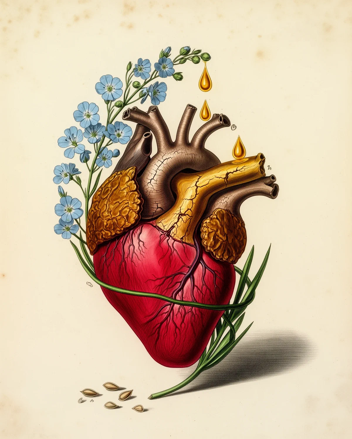 Inimă anatomică cu atriile și aorta întărite într-o peliculă crăpată de vopsea, cu o tulpină de in înflorită care picură ulei pe ea, planșă colorată manual în stil secol XIX